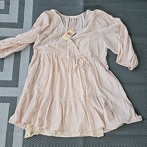 Entro Swiss Dot V-Neck Puff Sleeve Ruffle Tiered Mini Dress Size M NEW